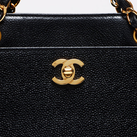 シャネル CHANEL 5番台 キャビアスキン ハンドバッグ チェーン ターンロック ハンドバッグ ブラック WS13334
