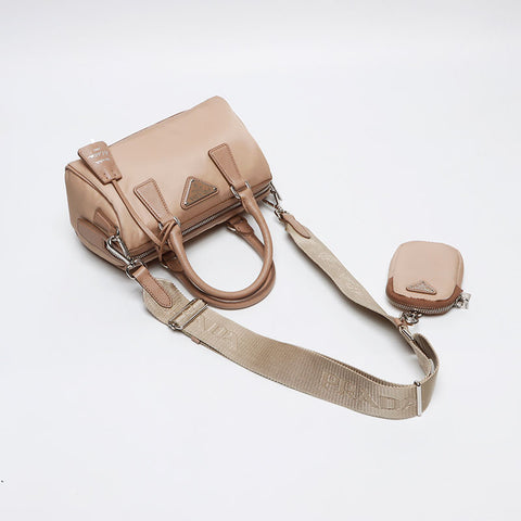 PRADA Medium Re-Nylon x Leather Top Handle Bag with Padlock 2way Shoulder Bag beige WS13404