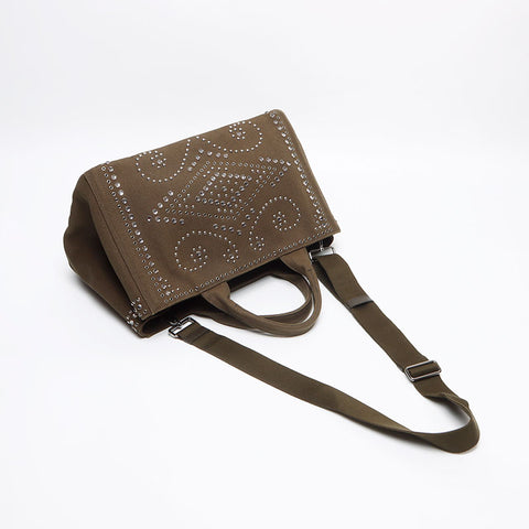 PRADA Studded Canapa M Canvas Tote Bag khaki WS13405