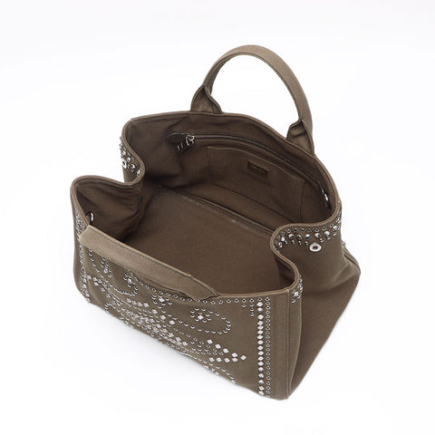 PRADA Studded Canapa M Canvas Tote Bag khaki WS13405