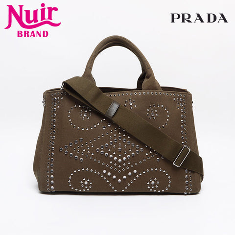 PRADA Studded Canapa M Canvas Tote Bag khaki WS13405