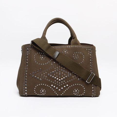 PRADA Studded Canapa M Canvas Tote Bag khaki WS13405