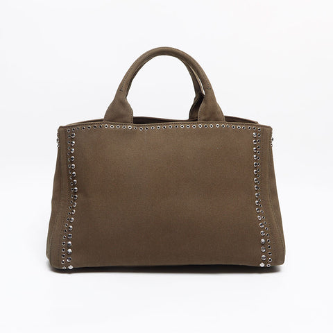 PRADA Studded Canapa M Canvas Tote Bag khaki WS13405