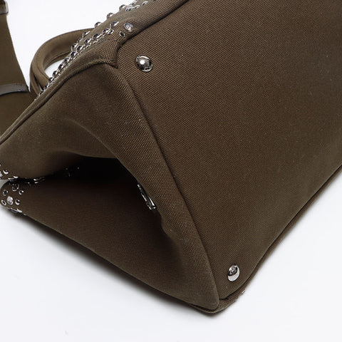 PRADA Studded Canapa M Canvas Tote Bag khaki WS13405