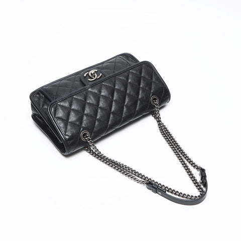 CHANEL French Riviera Lambskin Turnlock Gunmetal 20s Shoulder Bag black WS13513