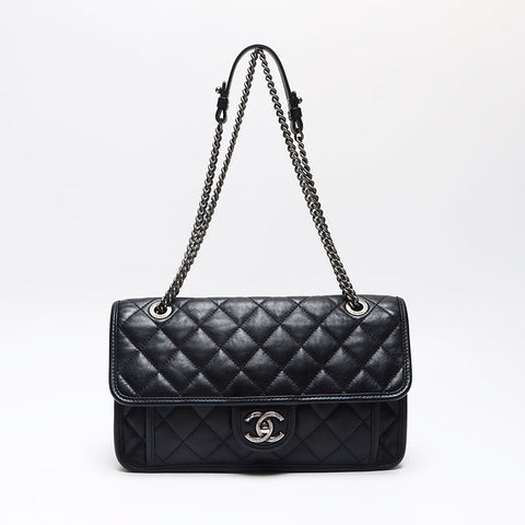 CHANEL French Riviera Lambskin Turnlock Gunmetal 20s Shoulder Bag black WS13513