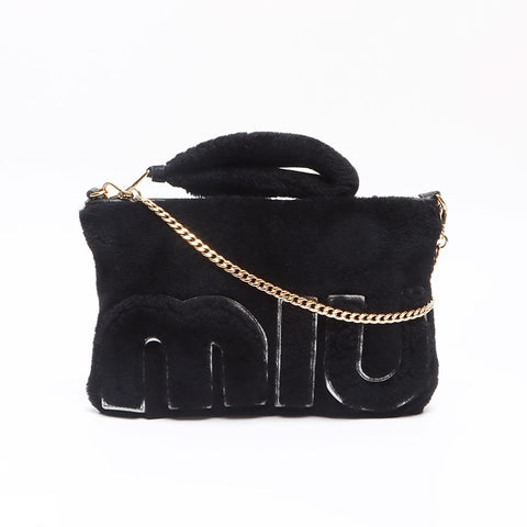 Miu Miu Shearling Logo Fur 5BF061 Clutch bag black WS13524