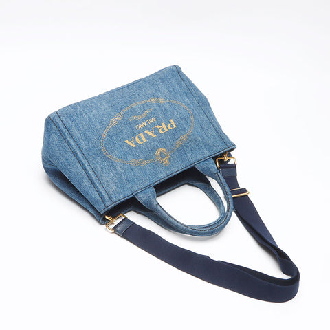PRADA Canapa Denim 2WAY Shoulder Handbag blue WS13534