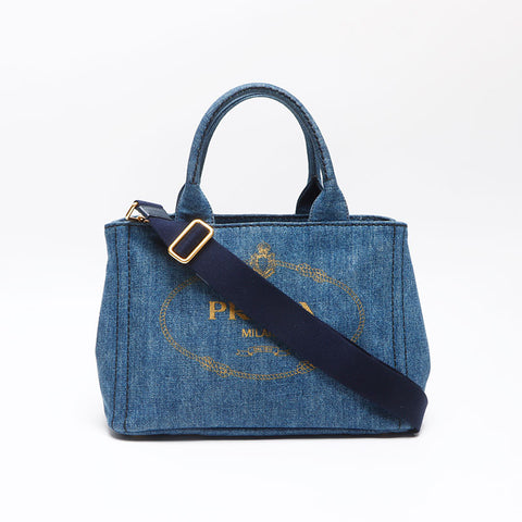 PRADA Canapa Denim 2WAY Shoulder Handbag blue WS13534