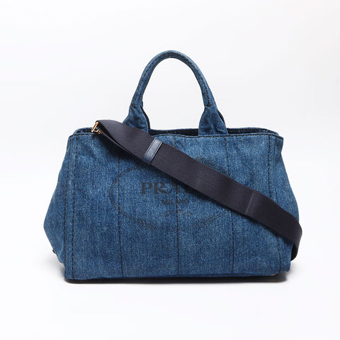 PRADA Canapa Denim 2WAY Shoulder Handbag blue WS13535