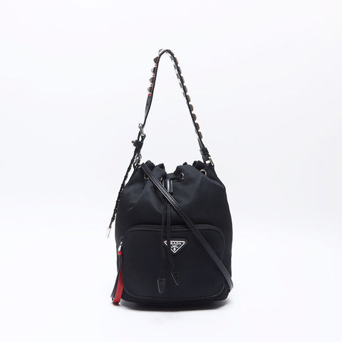PRADA Triangle Logo Nylon Studs Mini Drawstring Bag Studs Shoulder Bag black WS13560