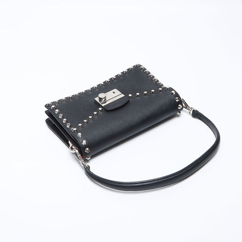 PRADA Stud Lock Saffiano Leather Shoulder Bag black WS13569