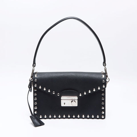 PRADA Stud Lock Saffiano Leather Shoulder Bag black WS13569
