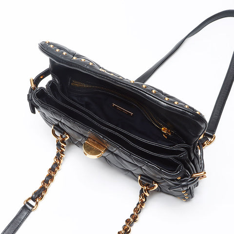 ミュウ ミュウ Miu Miu チェーン レザー スタッズ キルティング ショルダーバッグ ブラック WS13576