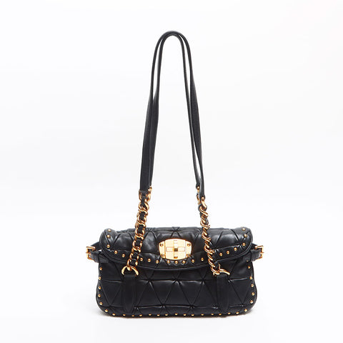 ミュウ ミュウ Miu Miu チェーン レザー スタッズ キルティング ショルダーバッグ ブラック WS13576
