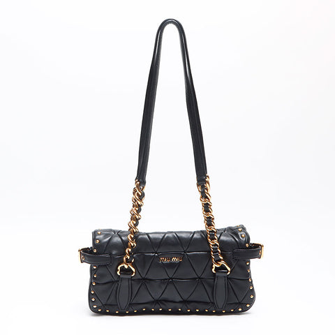 ミュウ ミュウ Miu Miu チェーン レザー スタッズ キルティング ショルダーバッグ ブラック WS13576