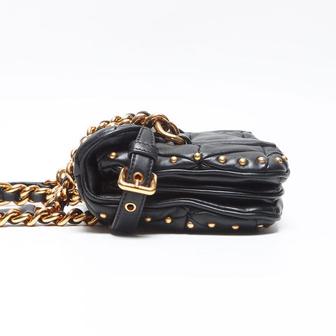 ミュウ ミュウ Miu Miu チェーン レザー スタッズ キルティング ショルダーバッグ ブラック WS13576
