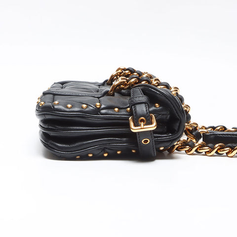 ミュウ ミュウ Miu Miu チェーン レザー スタッズ キルティング ショルダーバッグ ブラック WS13576