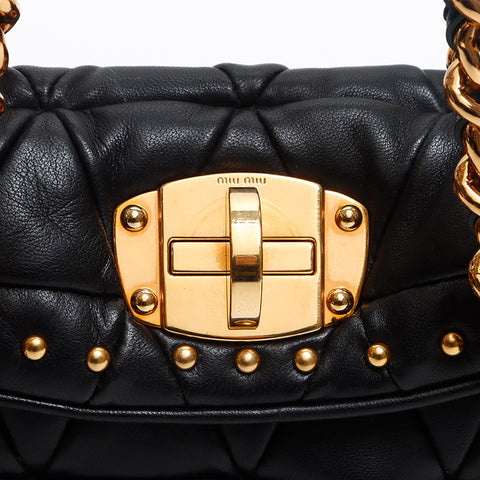 ミュウ ミュウ Miu Miu チェーン レザー スタッズ キルティング ショルダーバッグ ブラック WS13576