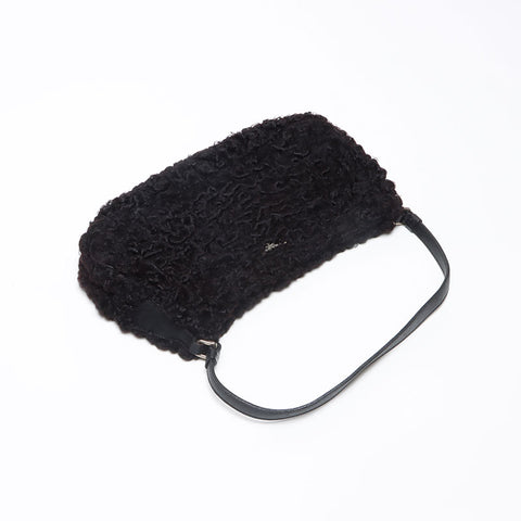 PRADA Lamb Fur Triangle Logo Hobo Shoulder Bag black WS13577
