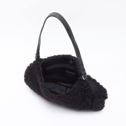 PRADA Lamb Fur Triangle Logo Hobo Shoulder Bag black WS13577