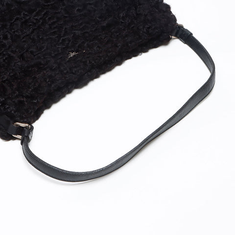 PRADA Lamb Fur Triangle Logo Hobo Shoulder Bag black WS13577
