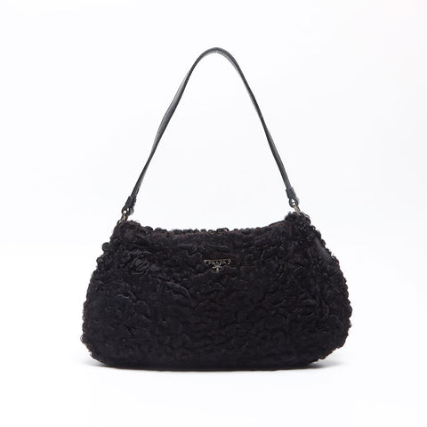 PRADA Lamb Fur Triangle Logo Hobo Shoulder Bag black WS13577