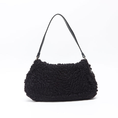 PRADA Lamb Fur Triangle Logo Hobo Shoulder Bag black WS13577