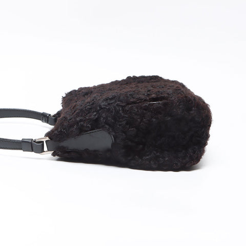 PRADA Lamb Fur Triangle Logo Hobo Shoulder Bag black WS13577