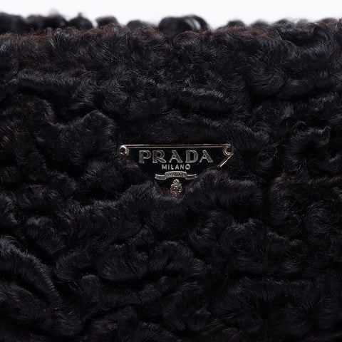 PRADA Lamb Fur Triangle Logo Hobo Shoulder Bag black WS13577