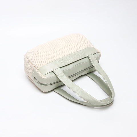 シャネル CHANEL ラフィア×ラムレザー ロゴ ミニ ボストンバッグ 9番台 2004-2005 ショルダーバッグ ベージュグリーン WS13583