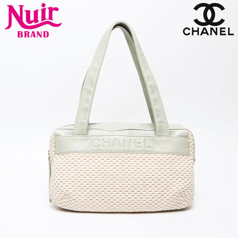 CHANEL Raffia x Lamb Leather Logo Mini Boston Bag No. 9 2004-2005 Shoulder Bag Beige green WS13583