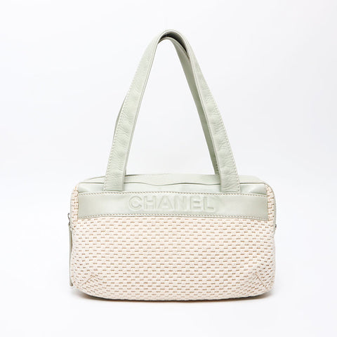 シャネル CHANEL ラフィア×ラムレザー ロゴ ミニ ボストンバッグ 9番台 2004-2005 ショルダーバッグ ベージュグリーン WS13583