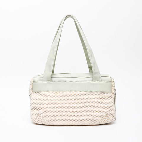 シャネル CHANEL ラフィア×ラムレザー ロゴ ミニ ボストンバッグ 9番台 2004-2005 ショルダーバッグ ベージュグリーン WS13583