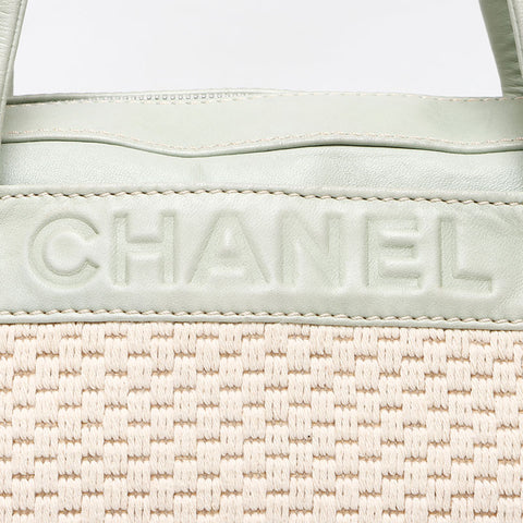 シャネル CHANEL ラフィア×ラムレザー ロゴ ミニ ボストンバッグ 9番台 2004-2005 ショルダーバッグ ベージュグリーン WS13583