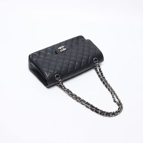 シャネル CHANEL 25番台 キャビアスキン ダブルフラップ マトラッセ 25cm シルバー金具 2018年 ショルダーバッグ ブラック WS13679