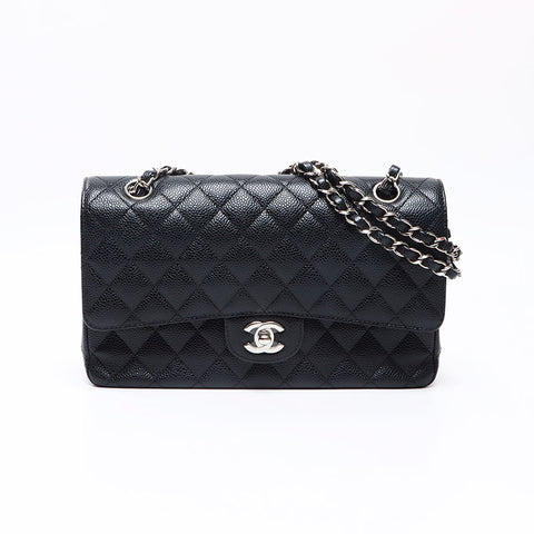 シャネル CHANEL 25番台 キャビアスキン ダブルフラップ マトラッセ 25cm シルバー金具 2018年 ショルダーバッグ ブラック WS13679