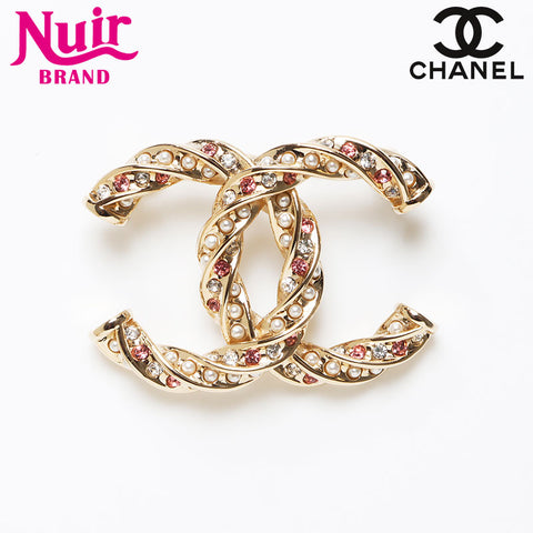 CHANEL B24 COCO Mark Rhinestone Pink Brooch gold WS13692