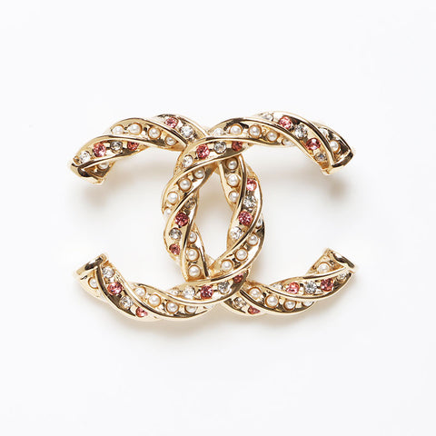 CHANEL B24 COCO Mark Rhinestone Pink Brooch gold WS13692