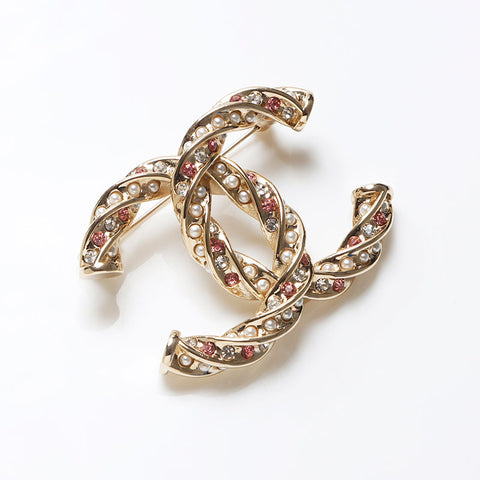 CHANEL B24 COCO Mark Rhinestone Pink Brooch gold WS13692
