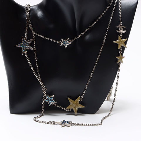 CHANEL 08P 2008 COCO Mark Star Rhinestone Long 3 Row Necklace Silver WS13693