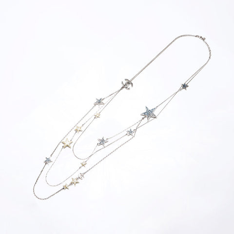 CHANEL 08P 2008 COCO Mark Star Rhinestone Long 3 Row Necklace Silver WS13693