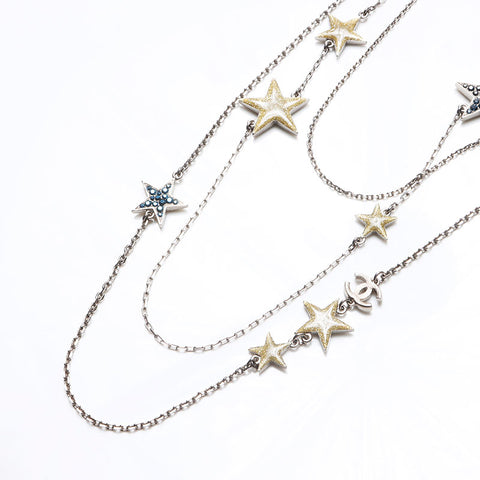 CHANEL 08P 2008 COCO Mark Star Rhinestone Long 3 Row Necklace Silver WS13693