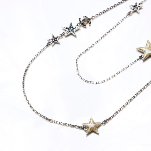 CHANEL 08P 2008 COCO Mark Star Rhinestone Long 3 Row Necklace Silver WS13693