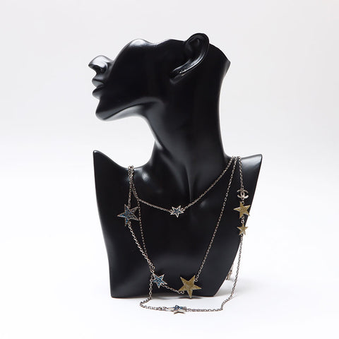 CHANEL 08P 2008 COCO Mark Star Rhinestone Long 3 Row Necklace Silver WS13693