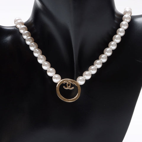 CHANEL B24C 2024 COCO Mark Pearl Necklace Gold white WS13701
