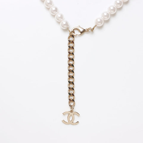 CHANEL B24C 2024 COCO Mark Pearl Necklace Gold white WS13701
