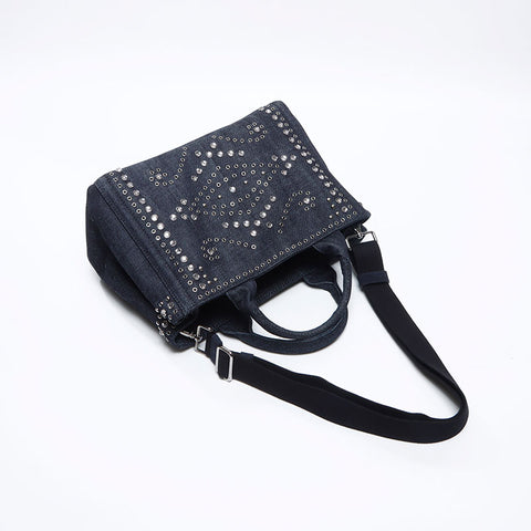 PRADA Canapa Studded Denim S Handbag Navy WS13713