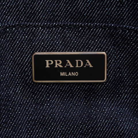 PRADA Canapa Studded Denim S Handbag Navy WS13713
