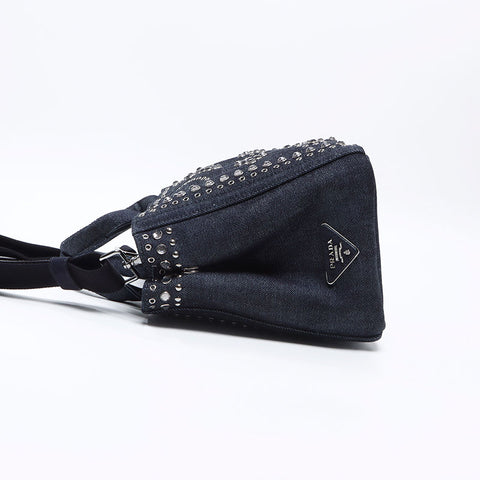 PRADA Canapa Studded Denim S Handbag Navy WS13713